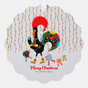 Christmas lights, baubles, presents and Rooster Ornament Card