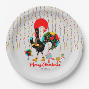 Christmas lights, baubles, presents and Rooster Paper Plate