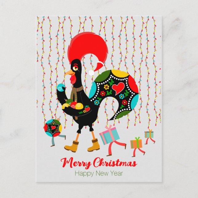 Christmas lights, baubles, presents and Rooster Postcard (Front)