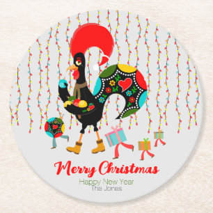Christmas lights, baubles, presents and Rooster Round Paper Coaster