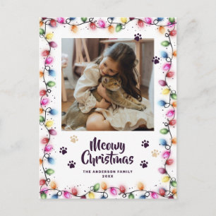 Christmas Lights Cat Paws Purple Photo Meowy Postcard