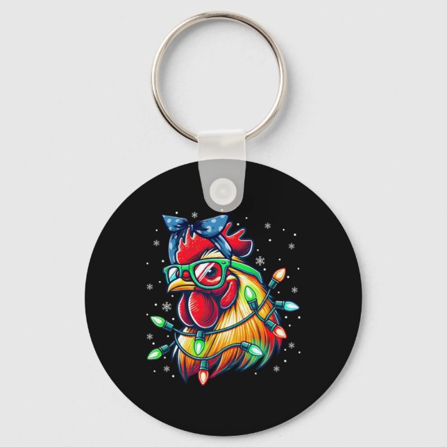 Christmas Lights Chicken Santa Hat Funny Xmas Tree Keychain (Front)