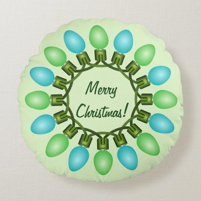 Christmas Lights Circle in Blue and Green Round Pillow (Front)