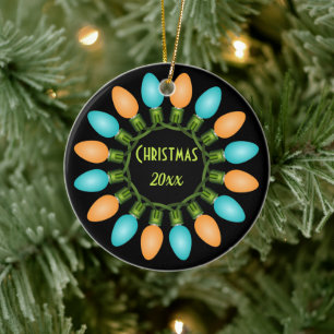 Christmas Lights Circle in Orange and Blue Ceramic Ornament
