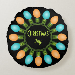 Christmas Lights Circle in Orange and Blue Round Pillow