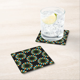 Christmas Lights Circles Pattern Orange and Blue Square Paper Coaster