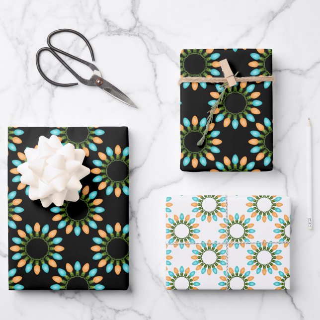 Christmas Lights Circles Pattern Orange and Blue Wrapping Paper Sheet (Front)