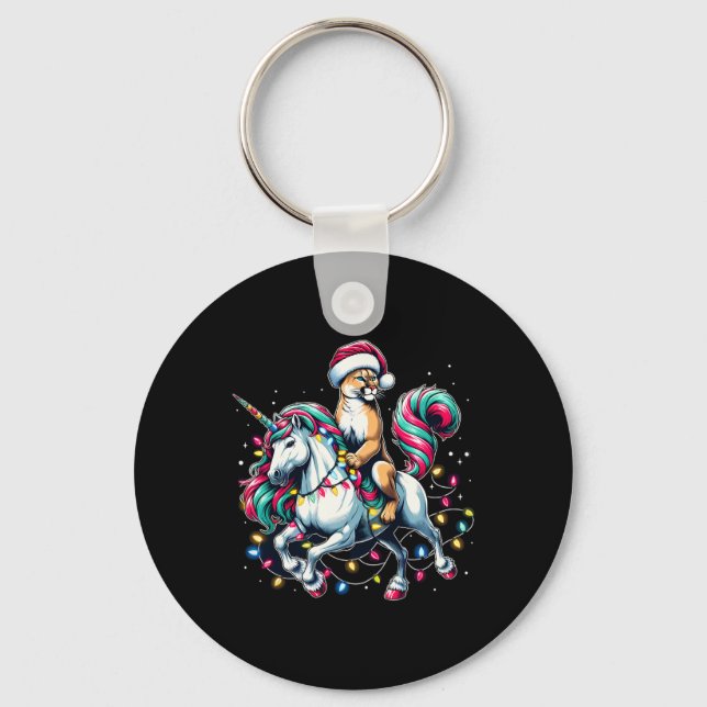 Christmas Lights Cougar Riding Unicorn  Keychain (Front)