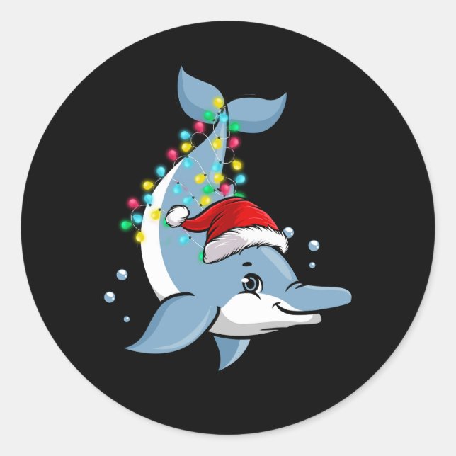 Christmas Lights Dolphin Wearing Xmas Hat Dolphin  Classic Round Sticker (Front)