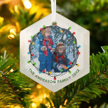 Christmas Lights Family Photo Cute Annual Keepsake Glass Ornament<br><div class="desc">This cute Christmas family photo keepsake ornament features a bright,  beautiful strand of Xmas lights framing your kids photograph in a festive circle. Customize your own message on the bottom in green for a colourful holiday gift.</div>