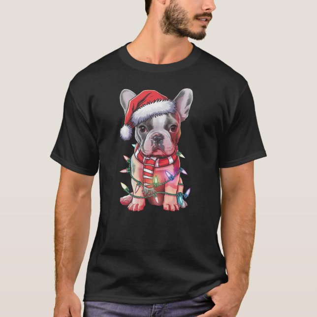 Christmas Lights French Bulldog Santa Hat Funny Do T-Shirt (Front)