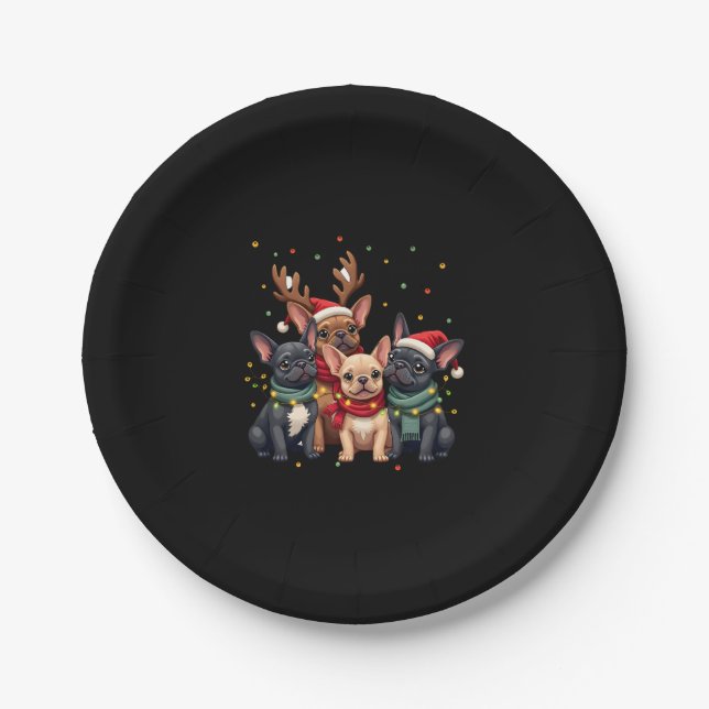 Christmas Lights French Bulldogs Xmas Frenchie Dog Paper Plate (Front)