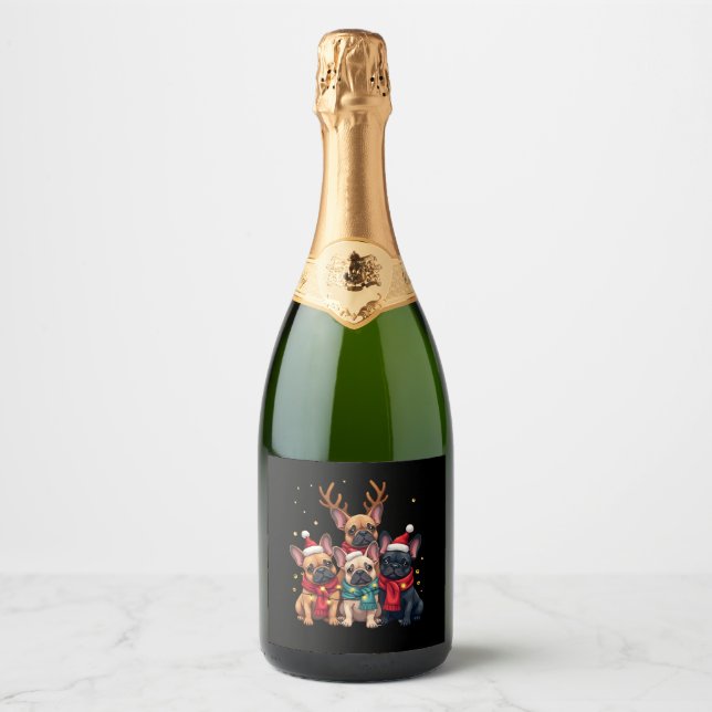 Christmas Lights French Bulldogs Xmas Frenchie Dog Sparkling Wine Label (Front)