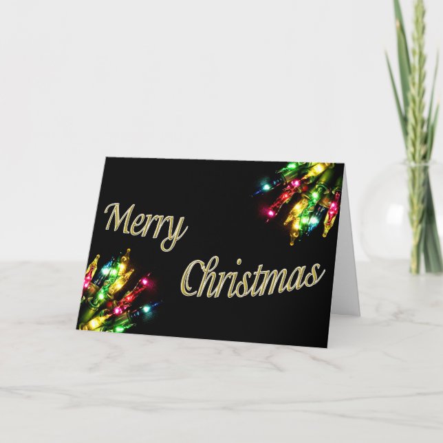 Christmas Lights Gold Typography Black Holiday Card (Front)