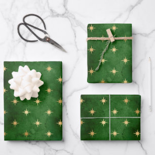 Christmas lights green gold stars pattern elegant wrapping paper sheet