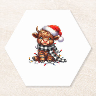 Christmas Lights Highland Cow Baby Christmas Light Paper Coaster