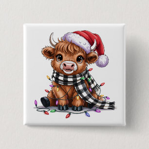 Christmas Lights Highland Cow Santa Hat 2 Inch Square Button