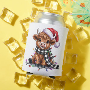 Christmas Lights Highland Cow Santa Hat Can Cooler