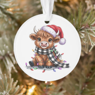 Christmas Lights Highland Cow Santa Hat Ornament