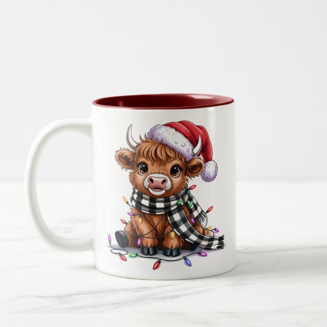 Christmas Lights Highland Cow Santa Hat Two-Tone Coffee Mug (Left)