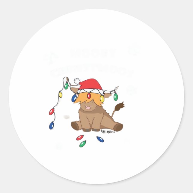Christmas lights highland cow ugly sweater christm classic round sticker (Front)