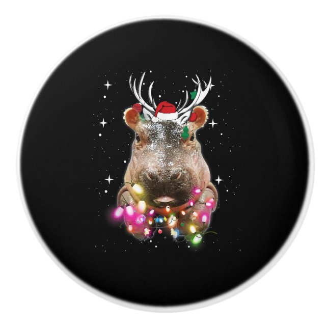 Christmas Lights Hippo Fiona Hippopotamus Lover Ceramic Knob (Front)