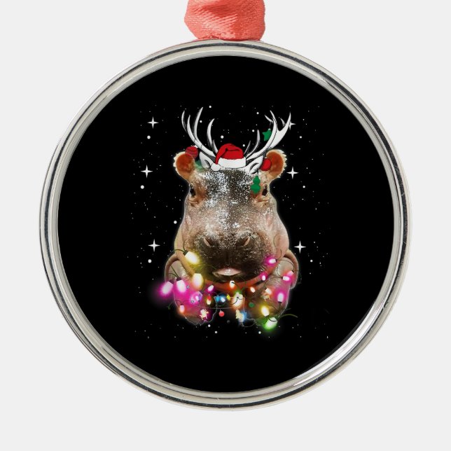Christmas Lights Hippo Fiona Hippopotamus Lover Metal Ornament (Front)