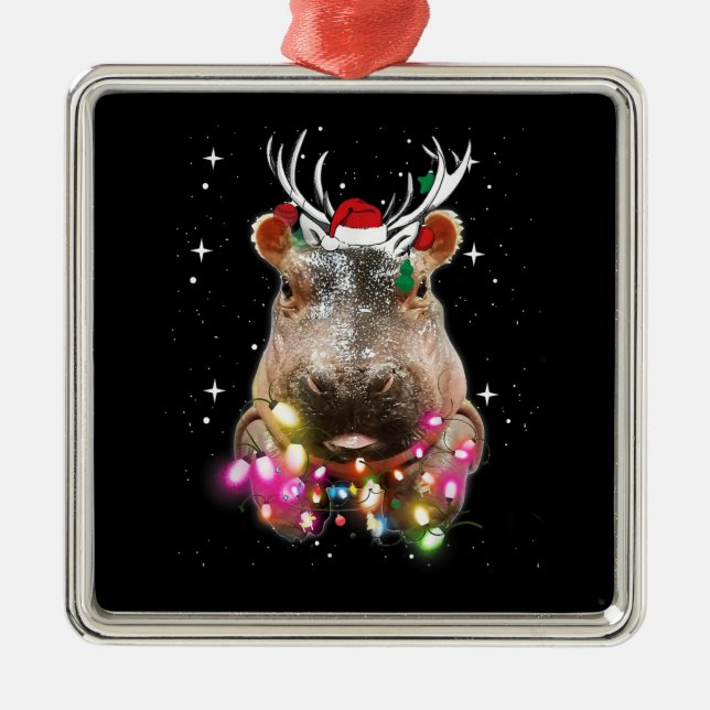 Christmas Lights Hippo Fiona Hippopotamus Lover Metal Ornament (Front)