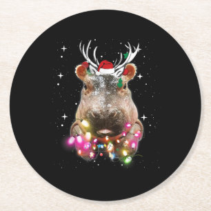 Christmas Lights Hippo Fiona Hippopotamus Lover Round Paper Coaster
