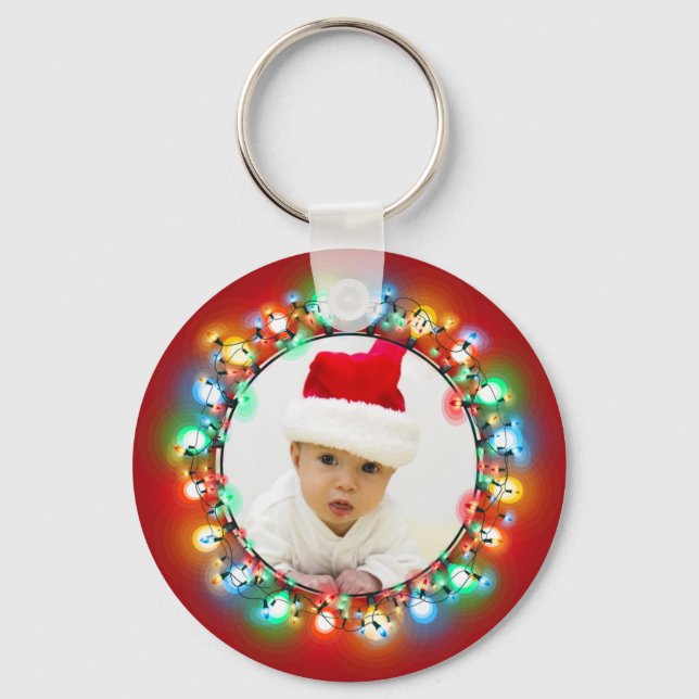 Christmas Lights Holiday Photo Wreath on Red Keychain (Front)