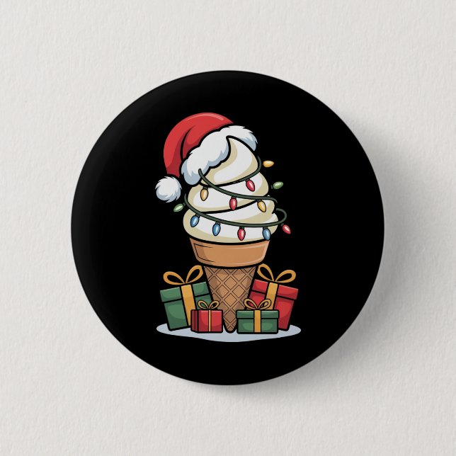 Christmas Lights Ice Cream Cone With Santa Hat Des 2 Inch Round Button (Front)