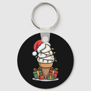 Christmas Lights Ice Cream Cone With Santa Hat Des Keychain