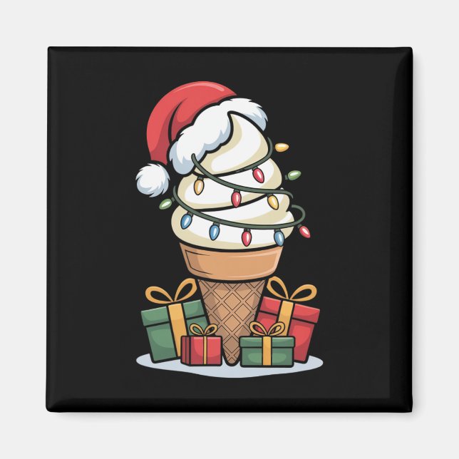 Christmas Lights Ice Cream Cone With Santa Hat Des Magnet (Front)