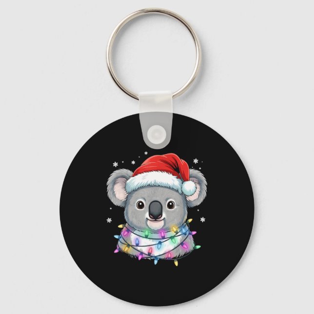 Christmas Lights Koala Santa Hat Cute Xmas Pajamas Keychain (Front)