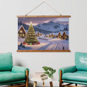 Christmas lights landscape with snow hanging tapestry