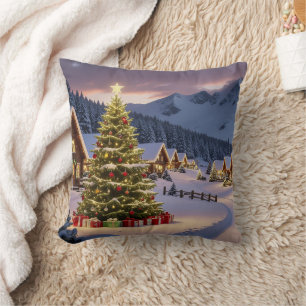 Christmas lights landscape with snow throw pillow
