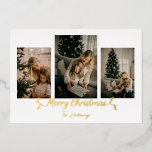 Christmas Lights Minimalist 3 Photo Foil Holiday Card<br><div class="desc">With a classic design these gold foil cards are perfect for this Christmas! These cards read “merry Christmas” with a string light font. Add your own 3 photos and name using the personalization feature.</div>