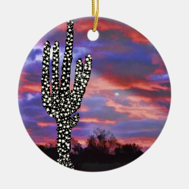Christmas Lights on Desert Saguaro Cactus Ceramic Ornament (Front)