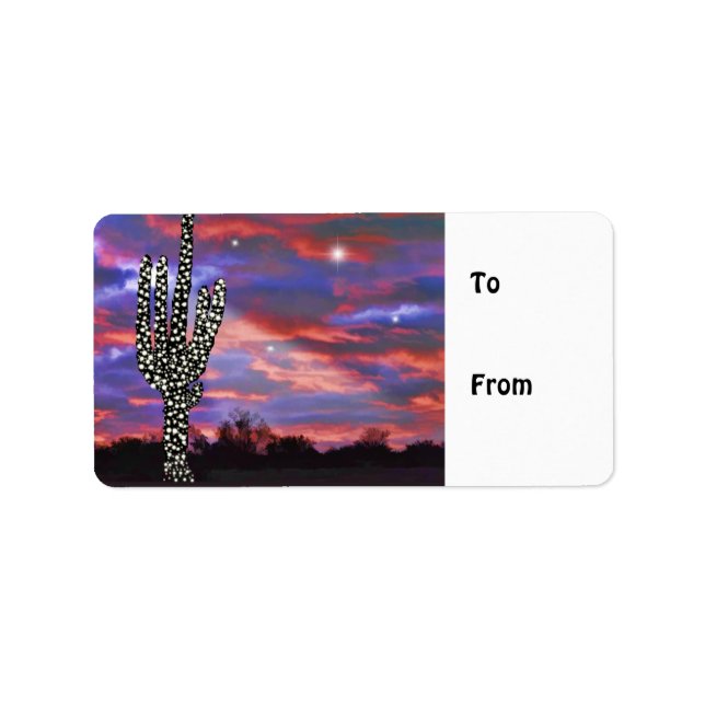 Christmas Lights on Desert Saguaro Cactus Label (Front)