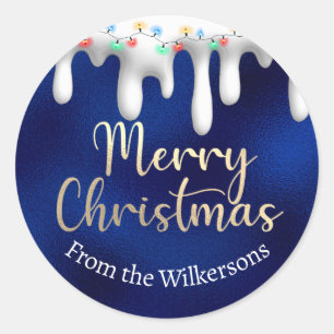 Christmas Lights on Snow Gold and Blue Custom Name Classic Round Sticker