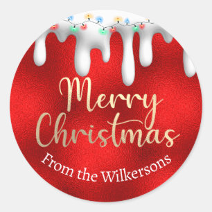Christmas Lights on Snow Gold and Red Custom Name Classic Round Sticker