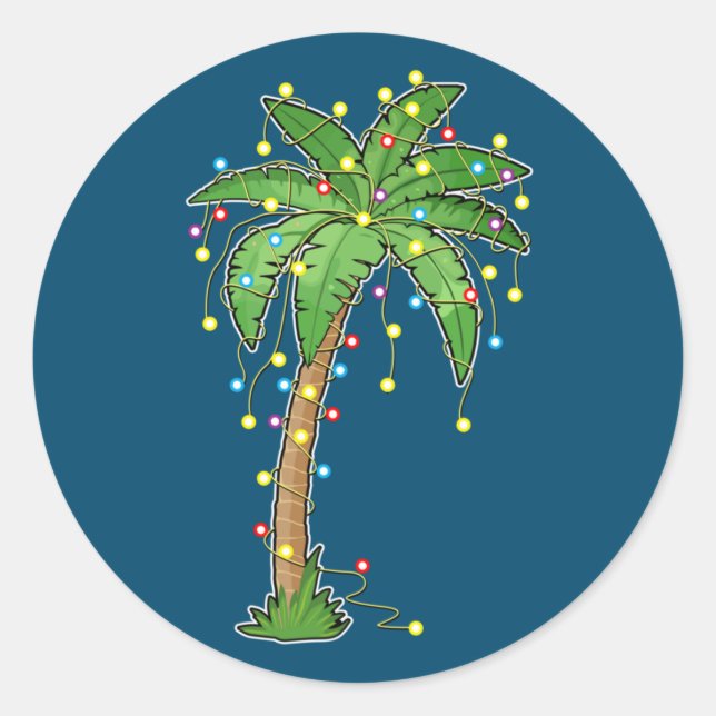 Christmas Lights Palm Tree Beach Funny Tropical Classic Round Sticker (Front)