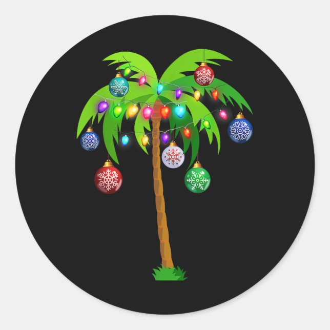 Christmas Lights Palm Tree Fun Hawaii Beach Tropic Classic Round Sticker (Front)