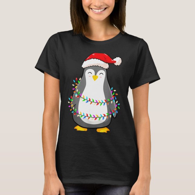 Christmas Lights Penguin Wearing Xmas Hat - Pengui T-Shirt (Front)