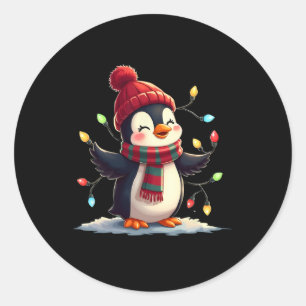 Christmas Lights Penguin Wearing Xmas Hat Penguin  Classic Round Sticker