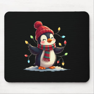 Christmas Lights Penguin Wearing Xmas Hat Penguin Mouse Pad