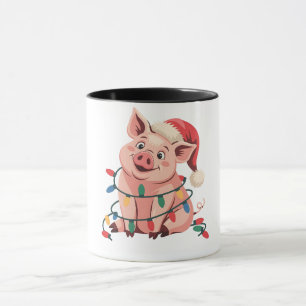 Christmas Lights Pig Wearing Xmas Hat - Pig Lover Mug