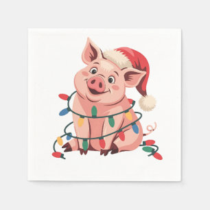 Christmas Lights Pig Wearing Xmas Hat - Pig Lover Napkin