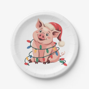 Christmas Lights Pig Wearing Xmas Hat - Pig Lover Paper Plate