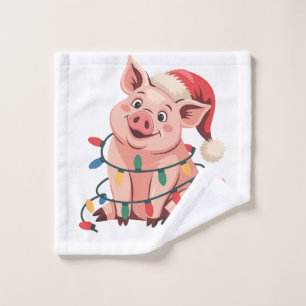 Christmas Lights Pig Wearing Xmas Hat - Pig Lover Wash Cloth